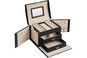 SONGMICS Szkatułka na biżuterię, podróżne, etui na biżuterię, przenośne, zamykane, pudełko na biżuterię, z 2 szufladami, lustrem, zamkiem i kluczem, pomysł na prezent, czarna JBC154B01