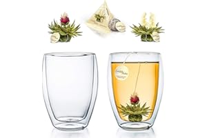 Creano 2 Bicchiere 250ml a Doppia Parete – Vetro Termico Borosilicato INCLUSO due Fiori di Tè Tèlini - Idea Regalo Donna Uomo 2x 250ml con 2x Tèlini Tè Fiorito