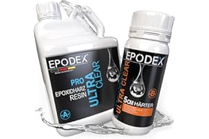 EPODEX Epoxidharz Set PRO+ | Kristallklares Epoxy Resin für Gießhöhen bis 5cm | Gießharz Set ohne oder mit Farbstoffen | Für River-Tische, Lampen, Projekte mit hohen Form- und Gussteilen, usw