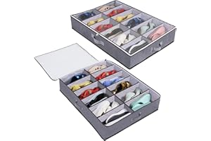Nwvuop 2 Pack Under Bed Shoe Storage Organiser Box with Clear Lid Foldable Under Bed Shoes Bag, Fits 24 Pairs Grey