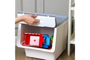 SmartToys4U Stackable Box, Plastic Organiser on Wheels, Kids Storage With Lid Open Front, Multi-Purpose Wheeled Storage for Toys Snacks Clothes (Grey&White, 3 x 33 LT)