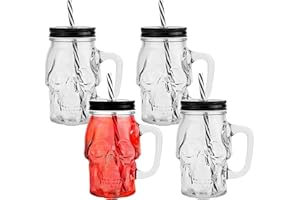 binsakao Lot de 4 tasses d'Halloween – Bocal Mason avec couvercles, pailles et poignée – Verres à boire en forme de crâne pour fête d'Halloween, décoration de bar (473,6 g, transparent)
