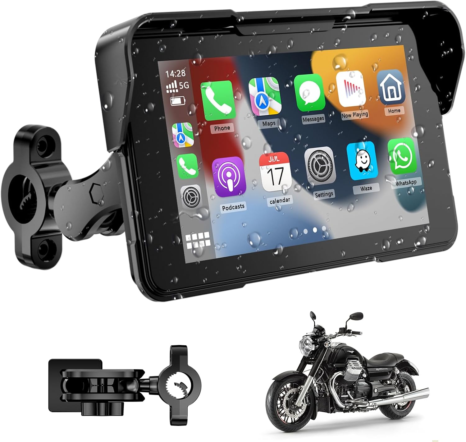 Pantalla Moto Carplay, Inalámbrico CarPlay y Android Auto, 5” Impermeable Táctil GPS Moto con Bluetooth, Navegador, Siri/G00gle Asistente, Supporto Magnetico - Fácil de Instalar y Desmontar