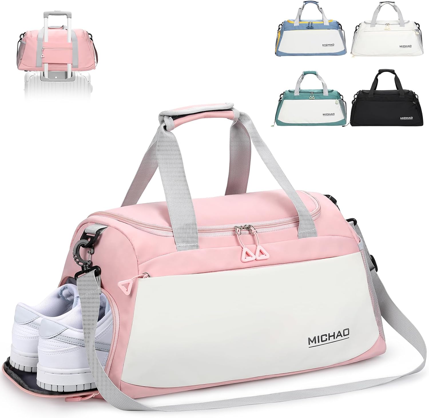 Damcyer Bolsa De Deporte, Bolsa Deporte Mujer para Mujer Grande con Compartimento Zapatos y Compartimento Mojado, Bolsa De Viaje Mochila Gimnasio, Blanco+Rosa