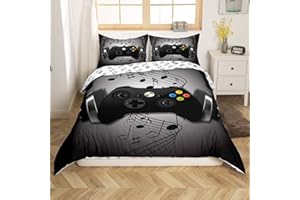 HOMEWISH Giocatore Copripiumino Nero Grigio Cuffie Musicali Giochi Gamepad Copertura Consolatore per Bambini Ragazzi Camera dei Videogiochi Decorazione Retro Gioco Giocatore Biancheria Da Letto Set Gioco