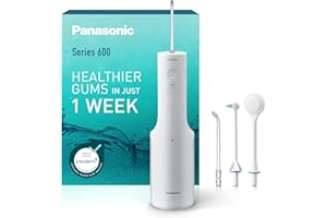 Panasonic Serie 600 Hydropulseur Dentaire Ultrasonique EW-DJ67-W303, Jet dentaire, 200ml, IPX7, 2 Embouts Standard, 1 Embout Orthodontique et 1 Embout pour la Langue, 5 Réglages de Pression, Blanc