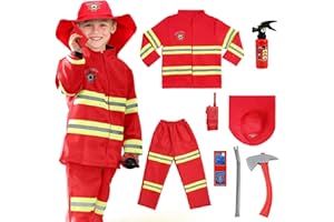 AYBUY Feuerwehr Kostüm Set für Kinder，Feuerwehrmann Kostüm Kinder，Feuerwehr Rollenspiel Set mit Spielzeug-Feuerlöscher，Waschbares Kostüm Feuerwehrmann Set für Karneval, Fasching, Mottoparty