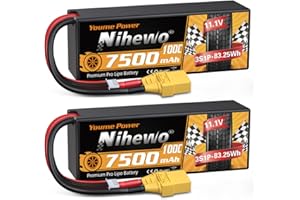 Nihewo Batteria Lipo 3S, 2 Pezzi Batteria RC 11,1 V 7500 mAh 100C Custodia Rigida Lipo 3S Connettore XT90 Compatibile con 1/8 1/10 RC Auto Camion Truggy Veicoli Serbatoio Barca Aereo Modelli
