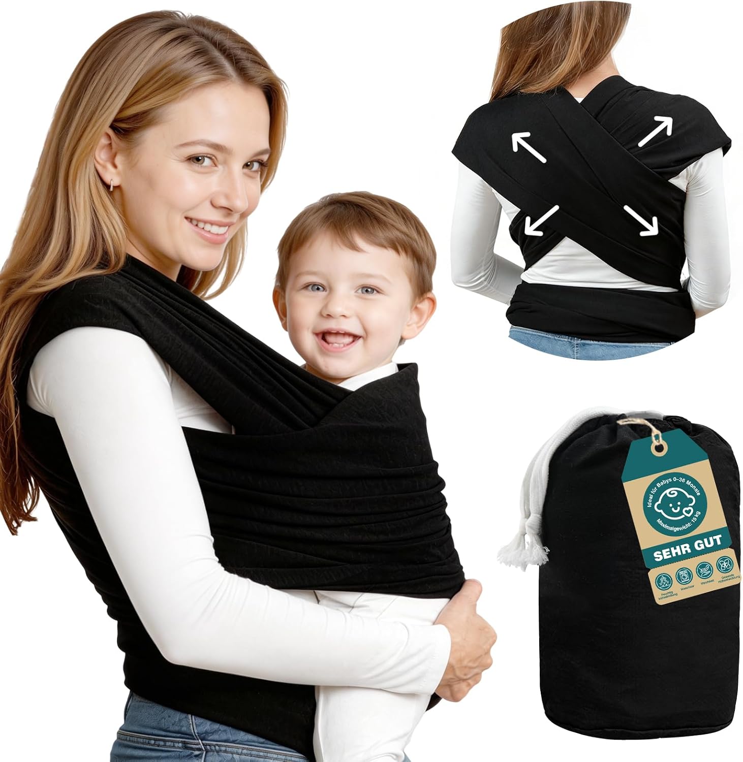 Fular Portabebé para recién nacidos, Pañuelo Porteo Ergonómico, Bufanda de transporte manos libres ligera, Porta Bebés de Tela Suave y Elástico, Fular Porteo Mochila multiusos apropiada hasta 15 kg