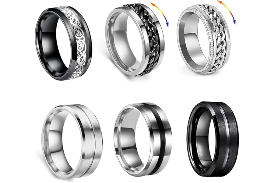 GoPaw Men Stainless Steel Spinner Ring, 6 pcs Black Spinner Rings for Men Women Silver Cool Twisted Chain Anxiety Rings Mens Rings Set Wedding Promise Ring