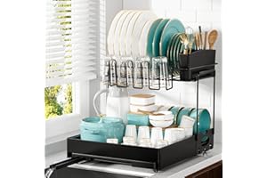 Cocolemon Escurreplatos Acero Inoxidable Cocina, Instalación sin Herramientas Escurridor de Platos de 2 Niveles con Función de Drenaje Automático Escurridor de Platos para Fregadero, Negro