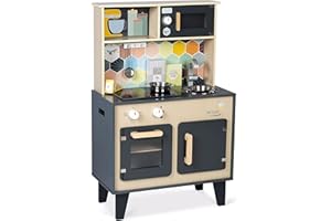 Janod - Grande Cucina Mozaïc - Giocattolo in Legno per Bambini - Attrezzata Sonora e Luminosa - con 3 Accessori + 3 Scatole Alimentari in Cartone - Da 3 a 8 Anni, J06609