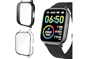 [2Pack] Polyjoy Hard PC Protective Case Compatible with Smartwatch P32 Glory Fit 1.69 inch Motast P32/ Nerunsa P32B/ Ordtop P32E1/Judneer P32H/ Togala P32D/Bowost P32D-F/Donerton P32, Black+Clear