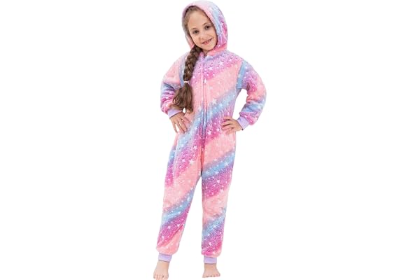 KAKU NANU Flicka Onesie regnbåge 2–10 år i mörk, lysande fleece, luvtröja, mjuk, fluffig, varm jumpsuit med dragkedja och fickor, flicka, gåva 7 färger