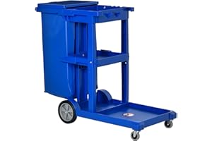 HOMCOM Cleaning Carts On Wheels, Janitorial Trolley with 3 Tier Shelves, Housekeeping Utility Service Unit with Rubbish Bag and Mop Mount for Hotel, Office, Blue