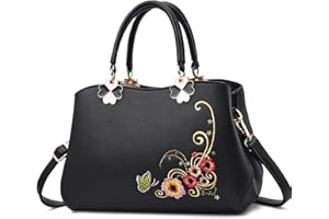 VARLIVOO Elegante Donna Borsa Ricamo Borse a Mano Borsetta Borsa a Tracolla da Donna Borse a Tracolla Spalla Lavoro Viaggiare Shopping PU Pelle Nero C
