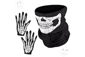 Booaee Schädel Gesichtsmaske,3 PCS Skelett Maske Handschuhe Set,Nahtlos Schädel Gesicht Schlauch Totenkopf Maske Schwarz,Party Kostüm Motorradmaske Knochen Weiß Halloween Cosplay Fasching Damen Herren