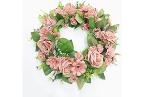 HAOSHICS Corona colgante de flores artificiales, guirnalda de imitación para puerta delantera, corona artificial para puerta, boda, fiesta, hogar, pared, decoración de ventana (rosa rosa)