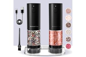 Etnirothbw Automatic Pepper Mills, Electric Salt and Pepper Grinder Set Rechargeable, 2 Pack Black with a Storage Base, 95ml-Washable Container, 5 Adjustable Coarseness Levels, LED Light, USB Charging