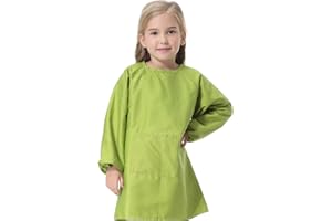 YUNDXI Baumwolle Malkittel Kinder, Taschenschürze mit Langen Ärmeln, abwaschbar Kinderschürze, Bastelkittel für Kinder, Kunstkittel für Malen Kochen Backen (Large,Grün)