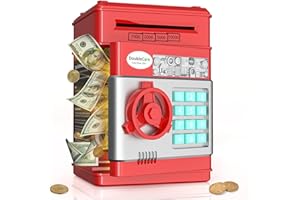 DOUBLECARE Piggy Bank Great Gift Toy for Kids Electronic Piggy Banks Mini ATM Electronic Coin Bank Box for ChildrenAuto Paper Money Saving Password Coin Bank,Perfect Toy Gifts for Boys Girls,Red