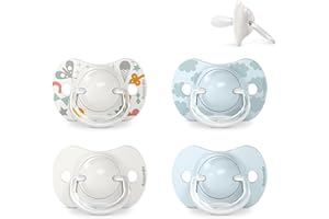 Suavinex, Pack de 4 Chupetes con Tetina Fisiológica de Silicona SX Pro, para Bebés 0-6 Meses, Chupete para Recién Nacido, con Tetina más Plana y Flexible, Respeta el Desarrollo Bucodental, Gris y Azul