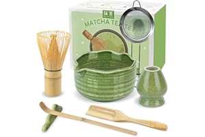 JBER Matcha Kit 7 Pièces - Fouet en Bambou pour Matcha, Bol à Matcha à Buse, Support pour Fouet, Tamis à Matcha, Cuiller et Support, Kit de Thé Japonais pour Amoureux du Matcha - Matcha Vert