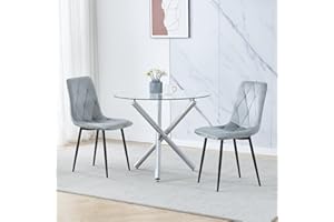 Homullel Round Dining Table and 2 Chairs, 2 Seater Table and Chairs Set for 2, Compact Kitchen Dining Room Set for Space Saving, Glass Tabletop 90 cm (Velvet Diamond Grey, 2 Seaters)