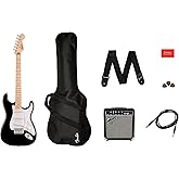 Squier by Fender Sonic Stratocaster Pack Electric Guitar, Black | Beginner Guitar Bundle with Amp, Case, Cable, Strap, Free V