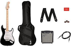 Squier by Fender Sonic Stratocaster Pack de Guitarra Eléctrica, Diapasón de Arce, Negro, Funda, Amplificador Squier Frontman 10G - 230V EU, Incluye cursos virtuales gratuitos en Fender Play