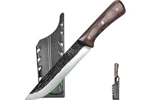 FULLHI Cuchillo Deshuesador de Acero al Carbono con Mango de Madera y Funda, Cuchillo de Cocina para Deshuesar, Pescar, Acampar, Barbacoa, etc. (Marrón, 18cm)