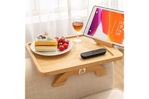 SITREMEN Bamboo Sofa Arm Tray Table with Rotating Mobile Holder, Large Couch Armrest Tray, Clip on Sofa Tray Table for Wide Couches, Foldable Couch Arm Clip Table for Laptop Remote Control Cup