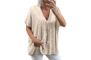 GMGM 2023 T Shirt Femmes Manches Courtes Col V Brillant Métallisé Glitter Grandes Tailles Casual Basique Paillettes Haut Décontracté Brillante Sequins Étincelle Ample Oversize Tops Fête Club