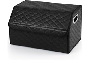 TANGZON 35/51L Car Boot Organiser, Collapsible Trunk Organizer with Lid, Removable Dividers & Sturdy Handle, Multipurpose Leather Storage Box for SUV, Truck, Sedan (35 L，Grid Surface)