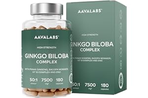 AAVALABS Ginkgo Biloba 7500mg 50:1 avec Panax Ginseng Rouge de Corée, Bacopa Monnieri, Zinc, Vitamine B Complex - Nootropique Puissant Circulation Sanguine, Memoire et Concentration, Energie - 180 Capsules