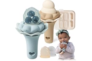 Moonkie chupete de frutas para bebés con bandeja de congelación, 2 piezas, a partir de 4 meses, bolsa de dos tamaños, mango con sonajero, silicona sin BPA