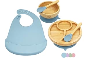SHIP SHAPE Zestaw do karmienia niemowląt - Bambusowy talerzyk, miska & 2x łyżka z końcówką silikonową & śliniak - Komplet antypoślizgowych naczyń dla dzieci - Darmowy Ebook - wolne od BPA – ShipShape