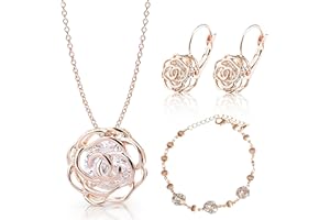 Crystalline Azuria Rose Blumen Kristalle Schmuck-Set Halskette 45 cm Leverback Ohrringe Armband 18 kt Vergoldet für Damen