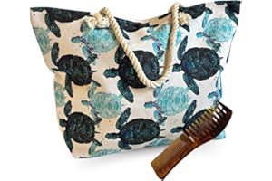 NARAMAKI® Bolso de playa diseño tortuga 55 x 40 x 13 cm - Bolsa de playa grande de tela ligera con cremallera y asas de cuerda + Peine de regalo