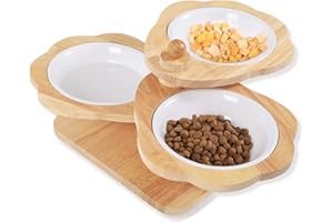 SCHITEC Ciotole Rialzate per Gatti, Supporto Rialzato per Cani e 3 Ciotole Dense di Amine, Mangiatoia per Animali Domestici con Cibo in Legno e Acqua per Gatti e Cuccioli (3 ciotole)