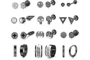 JeryWe 12 Pares Punk Hombres Pendientes Negro Pendientes Stud Pendientes Cool Pendientes para Hombres Mujeres Acero Inoxidable Fake Gauge Pendientes Aros Cráneo Bat Screw Earrings