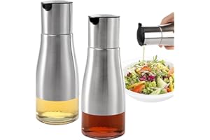 Tebery Juego de 2 dispensadores de aceite de oliva y vinagre plateado de 300 ml, dispensador de aceite con vertido fácil y sin goteo, elegante acero inoxidable con fondo de vidrio, 10 onzas