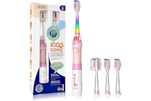 Seago Cepillo electrico infantil, Cepillo de dientes infantil con luz de colores, 4 cabezal de recambio extra suaves, Temporizador de 2 minutos, Apto para niños mayores de 3 años SG977 (Rosa)