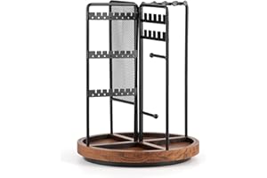 GHIAKQYT Stojak na biżuterię, obrotowy, czarny, stojak na kolczyki, stojak na łańcuszki – 4 w 1, uchwyt na biżuterię z miejscem do przechowywania łańcuszków, kolczyków, pierścionków, zegarków,