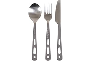 Lifeventure Juego de cubiertos de titanio para acampar - Cubiertos de camping ultraligeros para uno - Juego de cuchillo, tenedor y cuchara con mosquetón y cierre de velcro para acampar o viajar
