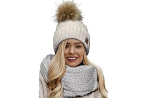4sold Winter Cappello Set da Donna Taglia Unica di Lana di Mohair e Sciarpa Invernale di Lana Berretto Beanie Fodera in Pile Pompom Artificiale