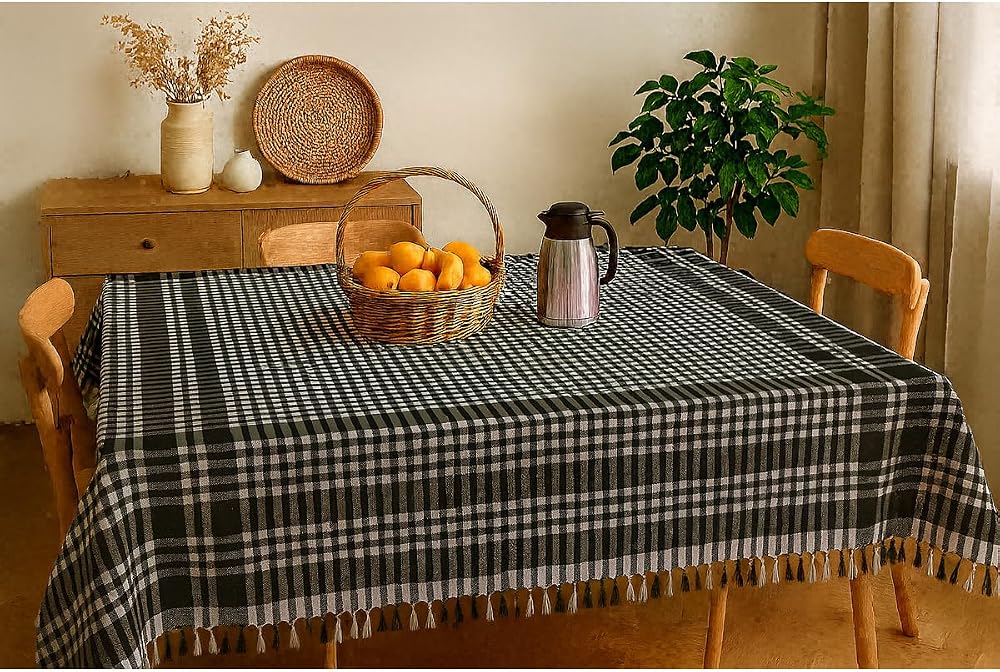 Bonny Home Saçaklı Piti Kareli Masa Örtüsü, 150x150 cm, Siyah