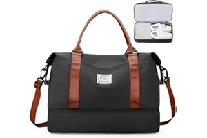 SEAFEW Sac de Voyage pour Femme,Bagage à Main Grand,Sac fourre-Tout de Sport Imperméable pour Week-End avec Compartiment à Chaussures pour Travel Gym Danse,N7-Noir Marron