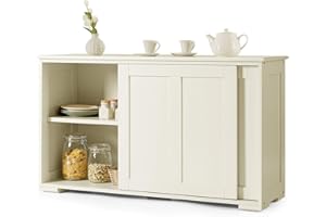 DREAMADE Armadietto da Cucina Mobile Multiuso per Sala da Pranzo con Ante Scorrevoli, in MDF Resistente (Bianco Crema)
