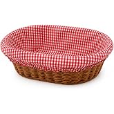 Oval Ekmek Sepeti 21 &times; 29 cm, &Ccedil;ıkarılabilir Kırmızı P&ouml;tikare Kumaşlı Hasır G&ouml;r&uuml;n&uuml;ml&uuml; Kahvaltı ve Sunum Sepeti